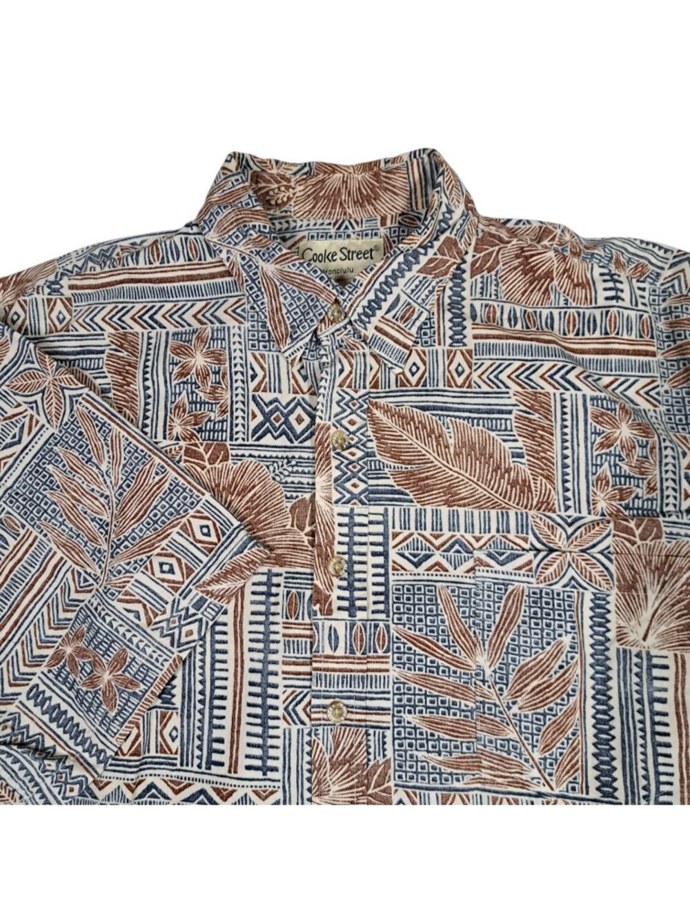 Cooke Street Honolulu Hawaiian Shirt Mens L Brown Blue Tan Tropical Tribal Vtg